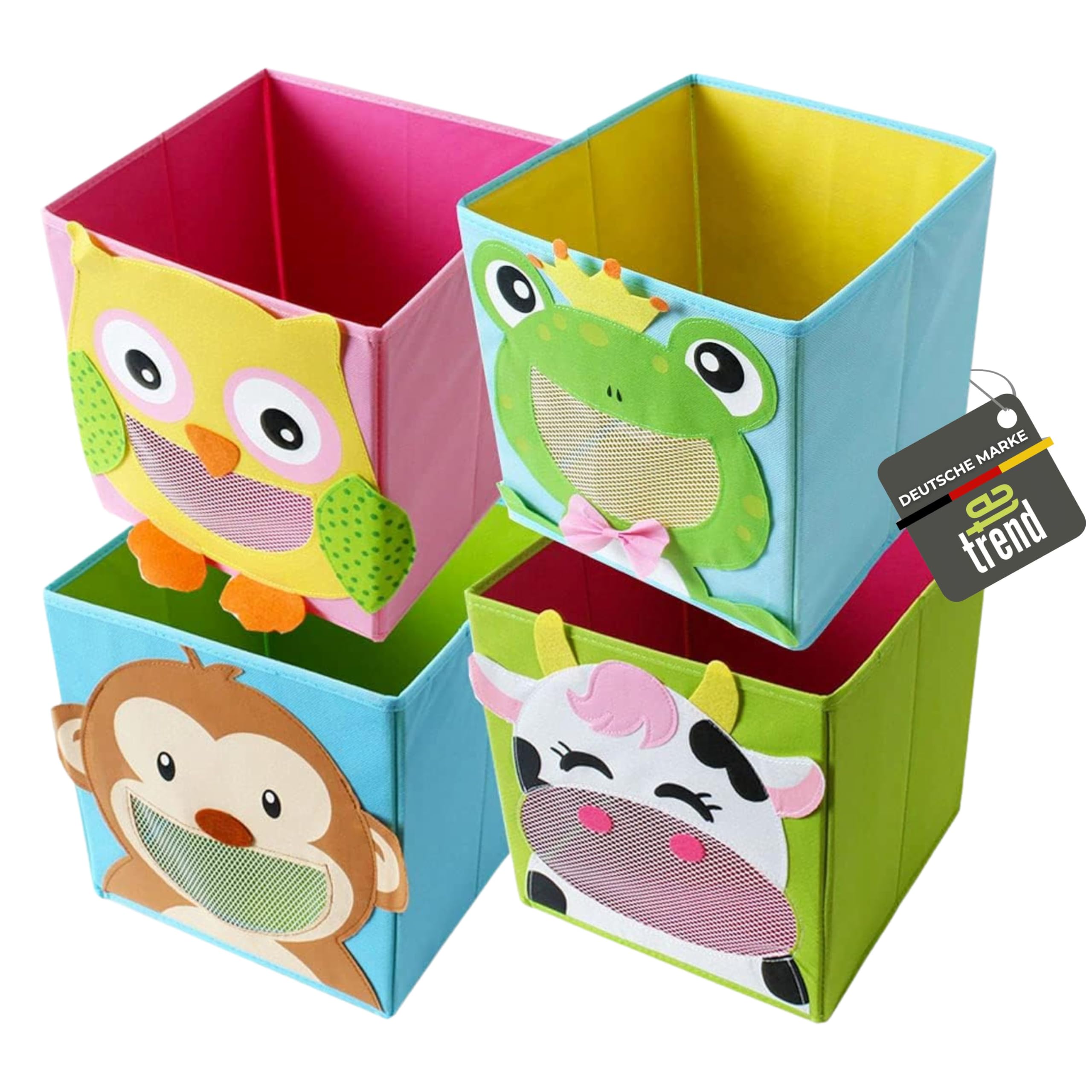 TE-Trend 4 Piece Textile Folding Box Box Tiermotive Frog Monkey Owl Cow Storage Chest for Toy Foldable 28 x 28 x 28 CM