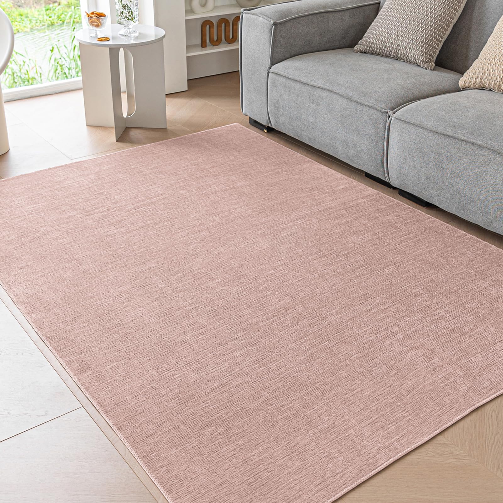 Ceneco Short Pile Rug,Pink Rugs for Bedrooms,Non-Slip Living Room Rug,Soft Chenille Washable Bedside Carpet,Thin Kids Room Mat,Office,Lounge Area Rugs (Pink, 60×90cm)