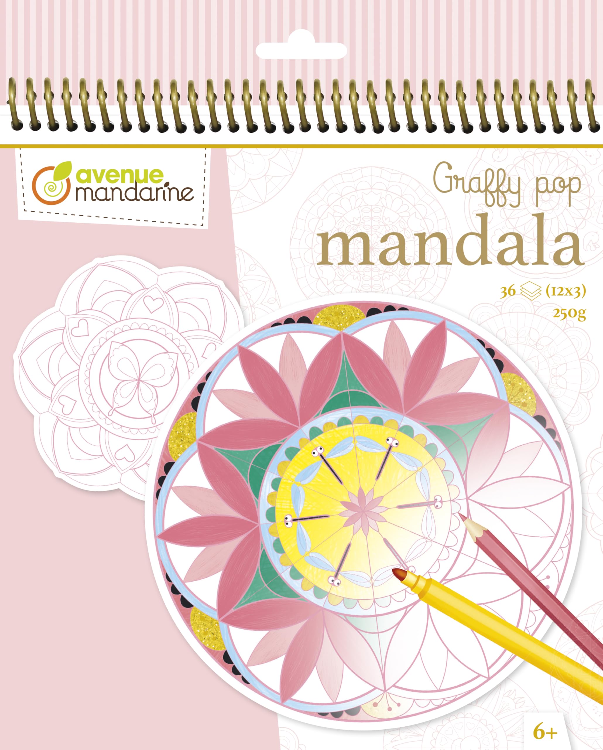 Avenue Mandarine - Ref GY027O - Graffy Pop Mandala Colouring Book - Girl Designs - Easy-to-Detach Pre-Cut Shapes, 250gsm Drawing Paper, 36 Sheets, 12 Designs, Suitable for Ages 6+