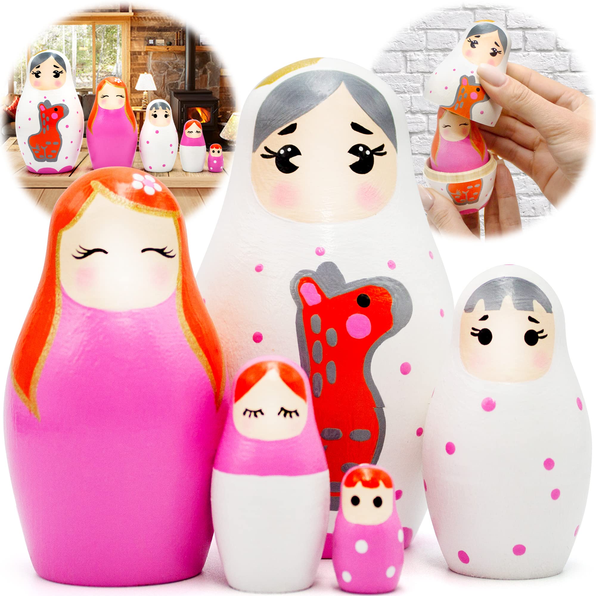 AEVVV Pink Russian Nesting Dolls for Set of 5 pcs - Kawaii Items - Russian Dolls Pink Room Decor - Polka Dots Matryoshka Doll - Pink Gifts
