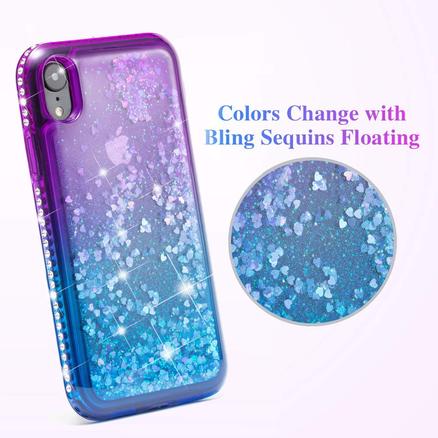 MILANMOOD iphone XR Case, Luxury Floating Glitter Case Sparkle Bling Quicksand Liquid Cover Clear TPU Bumper Cushion Reinforced Corners Girls Women Cute Case Compatible with iphone XR, Purple Blue