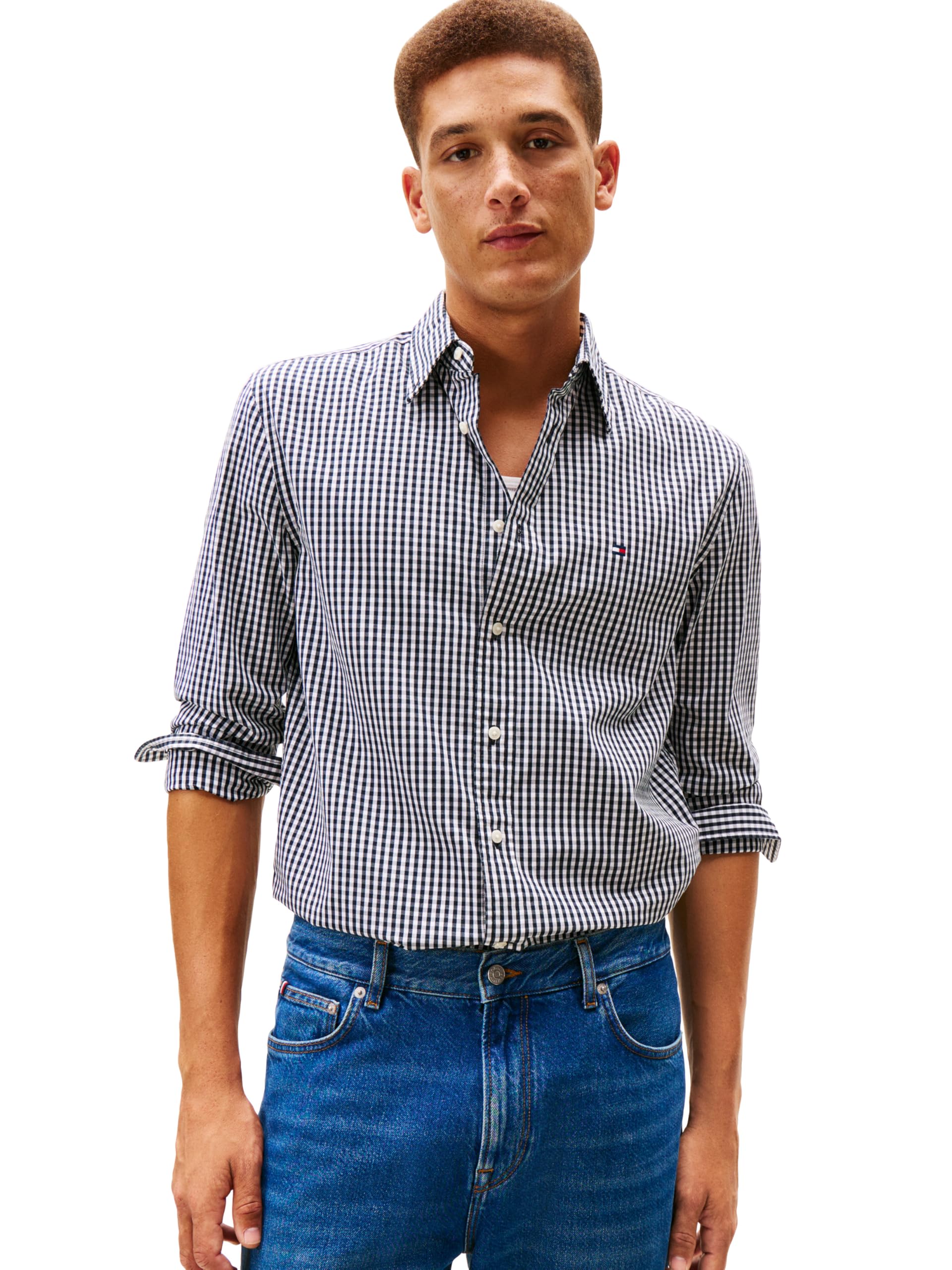 Tommy Hilfiger Men’s Flex Poplin Big Gingham Regular Long Sleeve Shirts, Black/Check Medium