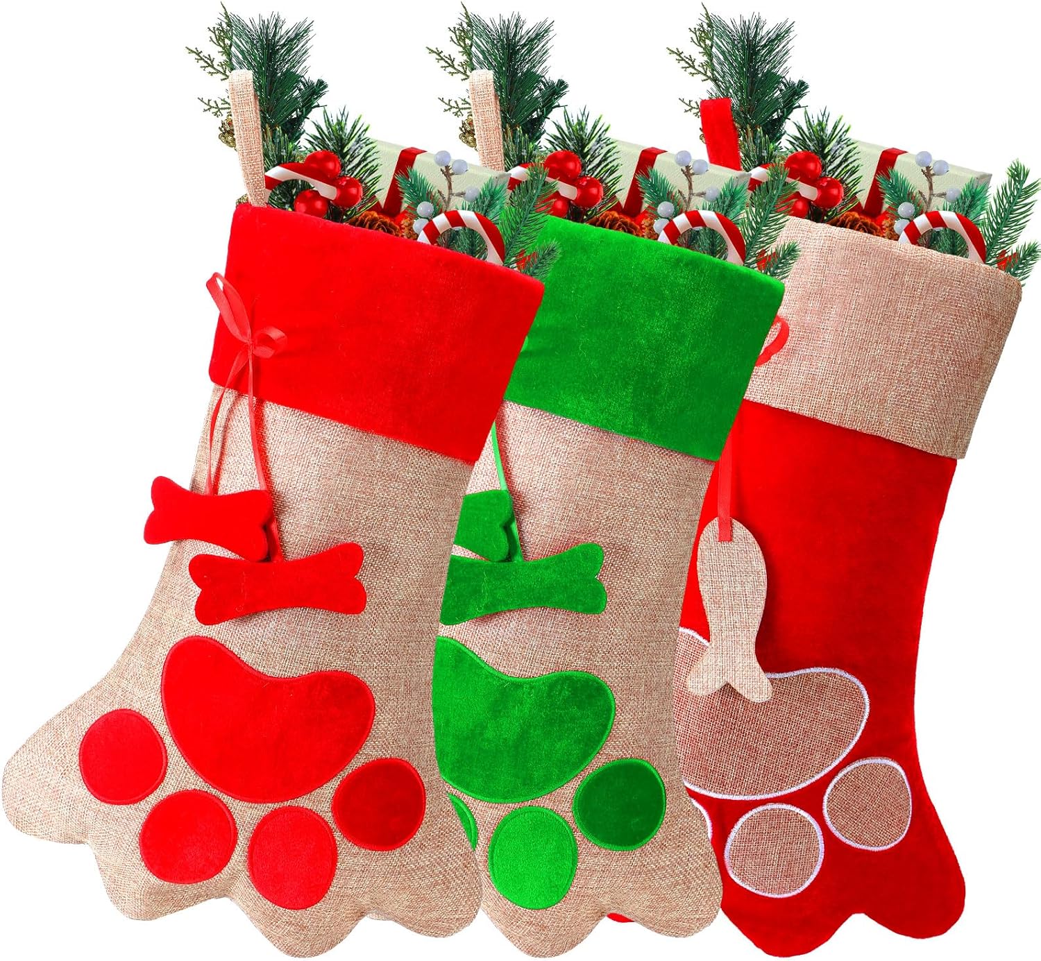 Stockings & Holders - 3 Pieces 18 Inch Christmas Stockings Pet Paw Stockings Fireplace Hanging Stockings Hanging Decoration (Solid Style)