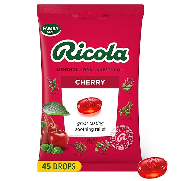 RICOLA CHERRY THROAT DROPS, 45 COUNT, DAILY DROPS FOR DELICIOUS THROAT REFRESHMENT, ORAL ANESTHETIC, NATURALLY FLAVORED