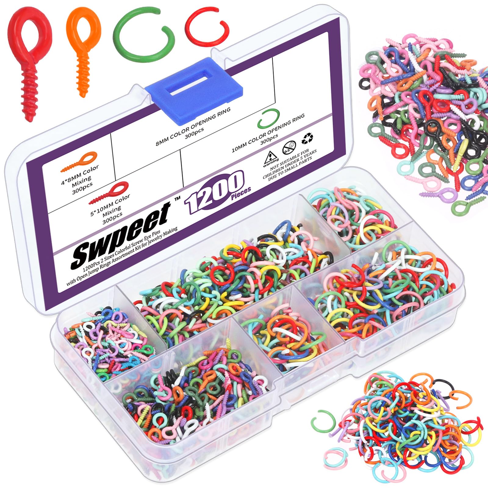 Swpeet 1201Pcs 4 Style 4×8mm/5×10mm/8mm/10mm Colorful Small Screw Eye Pin and Open Jump Rings Set, Eye Pins Hooks and Jump Rings, Eyelets Screw Threaded Clasps Hooks for DIY Art Crafts Jewelry Making