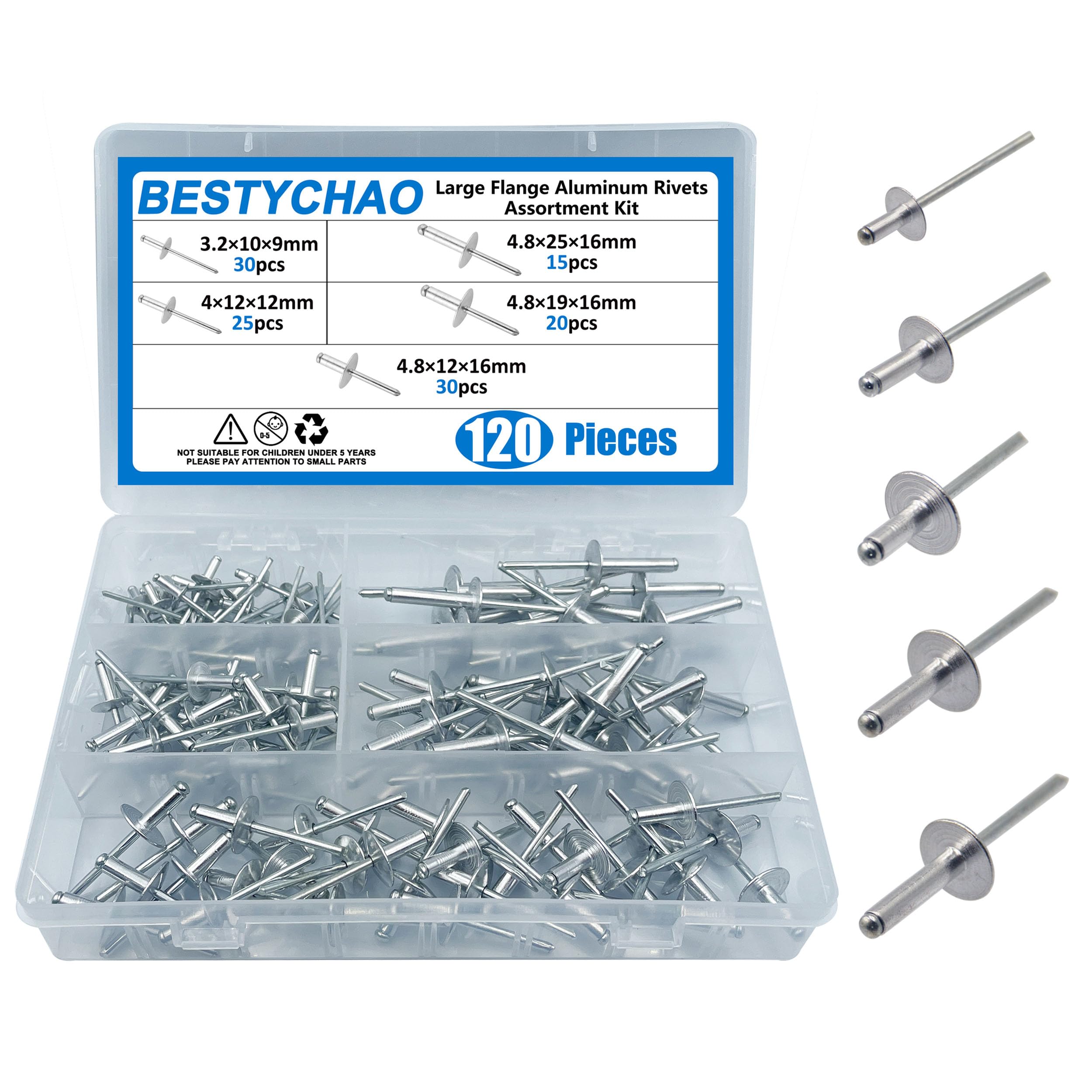 BESTYCHAO Pop Rivets, 120pcs 5 Sizes Large Flange Aluminum Blind Rivets Assortment Kit(Silver)