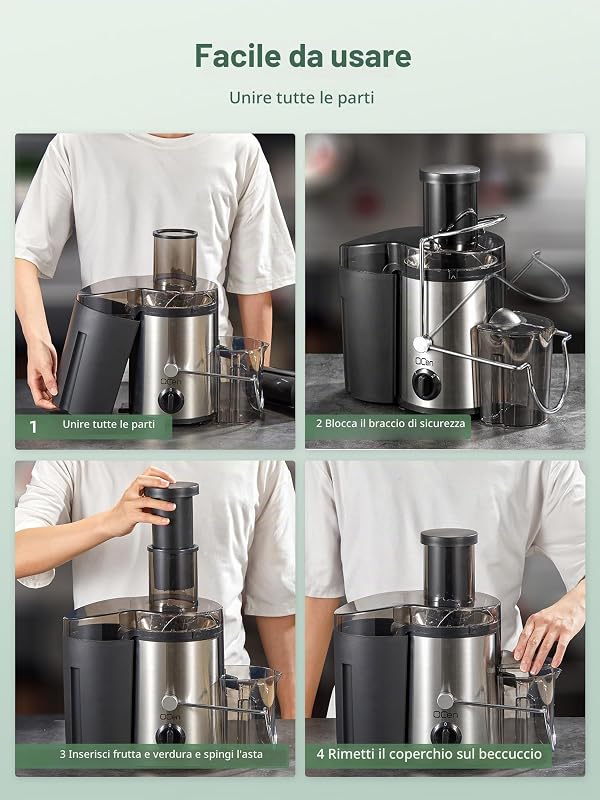 Spremiagrumi, centrifuga con vano di riempimento da 3 pollici, facile da pulire, in acciaio inox, senza BPA, ideale per frutta e verdura (Argento, 500W)