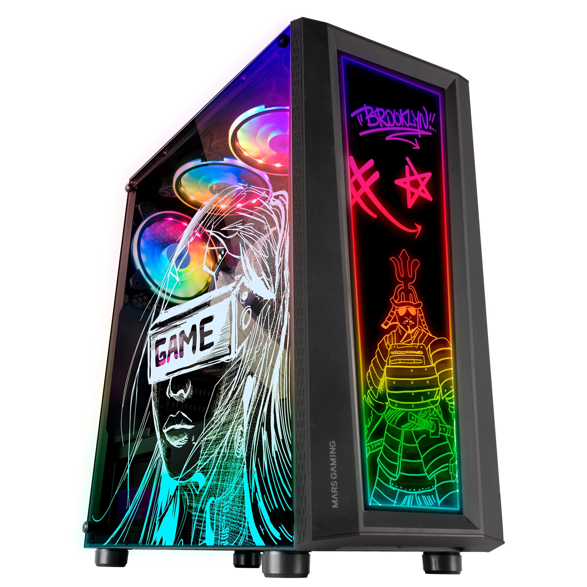 Mars Gaming MC-Art Schwarz, PC Gaming ATX Gehäuse, Doppelt Zeichnbar Gehärtetes Glas, ARGB 12 Mode, 12cm Lüfter, MCART