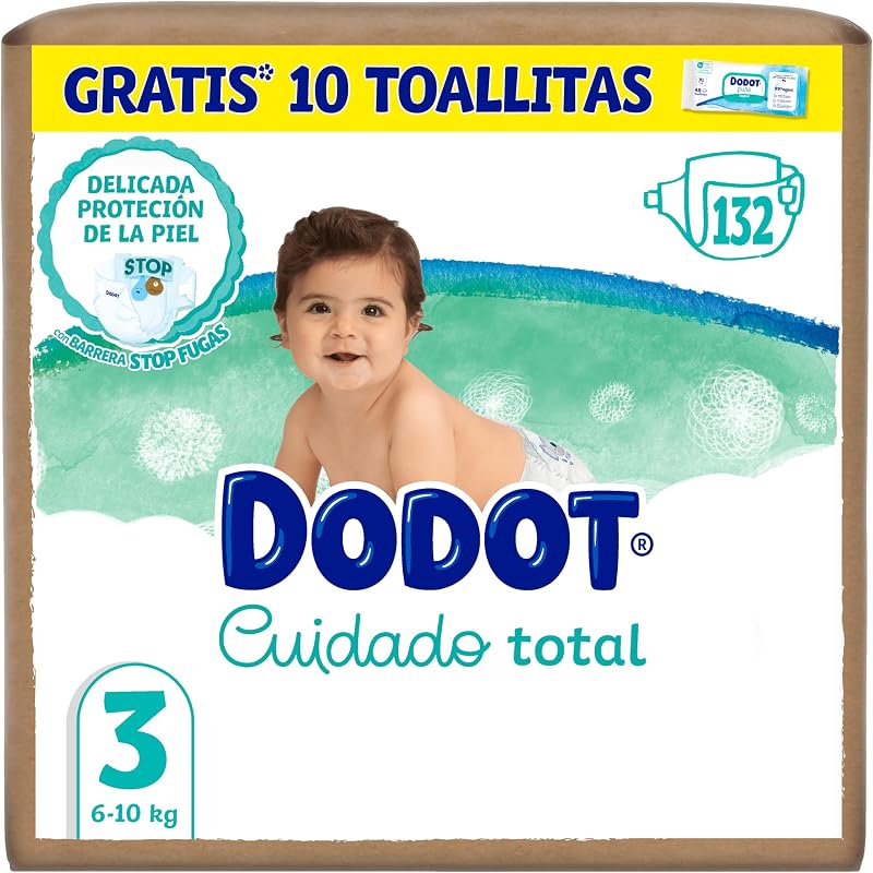 Fraldas Dodot Total Care Tamanho 3, 132 Fraldas, 6kg-10kg, Proteção Delicada da Pele