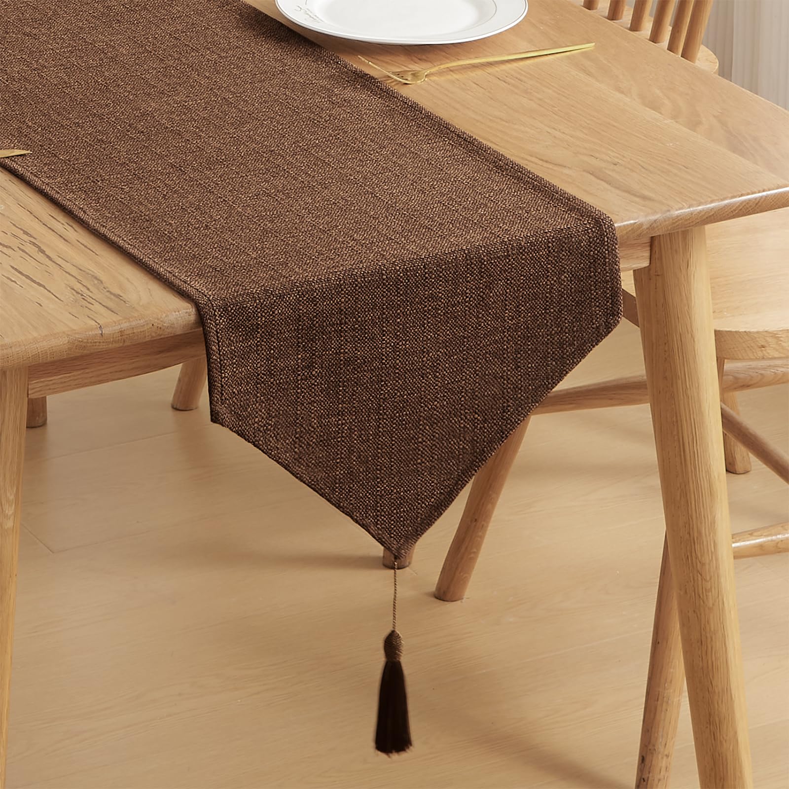 WAITER TREE Table Runner for Dining Table with Tassels 35x300 cm, Faux Linen Waterproof Table Runners for Party Home Docorations Birthday Wedding Bridal Baby Shower Christmas Thanksgiving - Brown