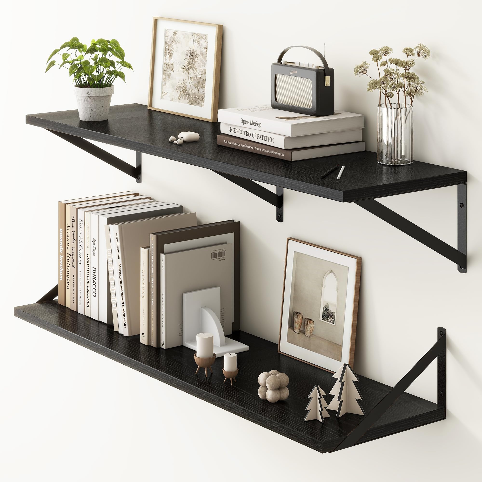 Fun Memories 40 Inch Floating Shelves, 10 Inch Deep Wall Shelf, 40 x 10 Floating Shelf Set of 2, Black Wood Floating Shelf Wall Mounted, Large Kitchen Living Room Bedroom Storage Shelves
