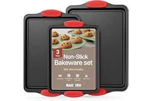 Baking Pan Set – 3 Piece Cookie Sheet – Deluxe Black Non-Stick Carbon Steel – Silicone Handles – Commercial Grade Restaurant 