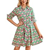 YEXPINE Women's Printed Button Down Shirt Dress Long Sleeve Collared V-Neck Belted Mini Dress with Pockets