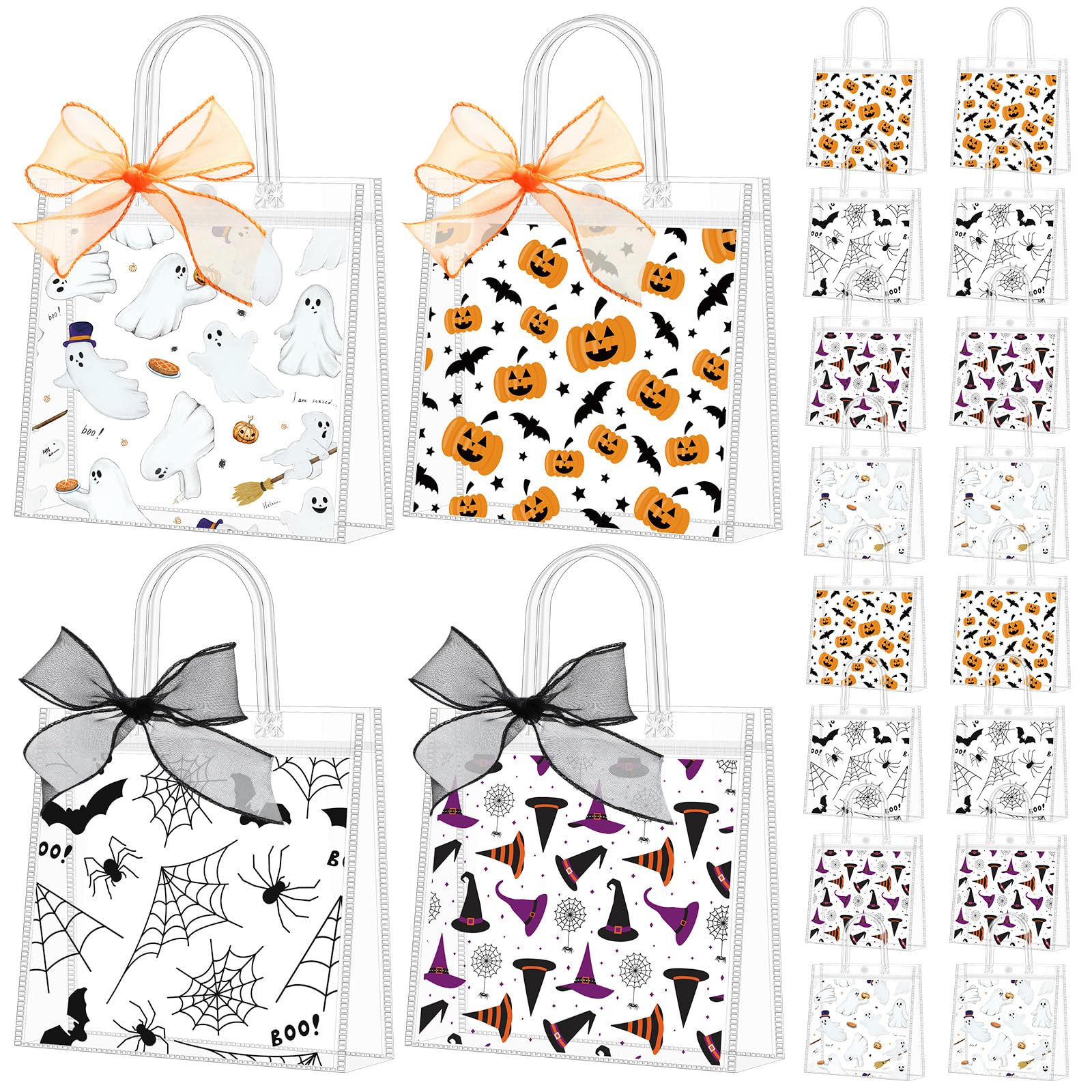 Photo 1 of **MISSING 8 BAGS*** Kolldenn 48 Pcs Halloween Clear PVC Gift Bags with Handle Ribbon Reusable Pumpkin Ghost Spider Web Goodies Treats Totes Bulk for Trick or Treat Party Supplies, 5.9 x 6.3 x 2.8 Inch **ONLY 40 PIECES**