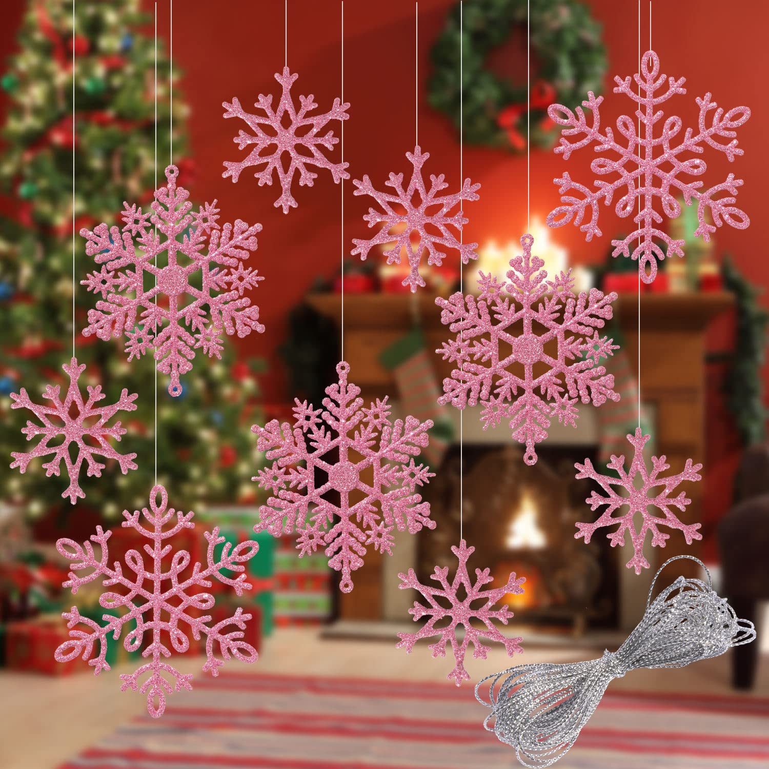 Whaline 40Pcs Pink Glitter Snowflake Winter Snowflake Ornaments Christmas Hanging Decorations with 197 Inches Silver Rope for Wedding Birthday Home Xmas Tree Window Door Accessories