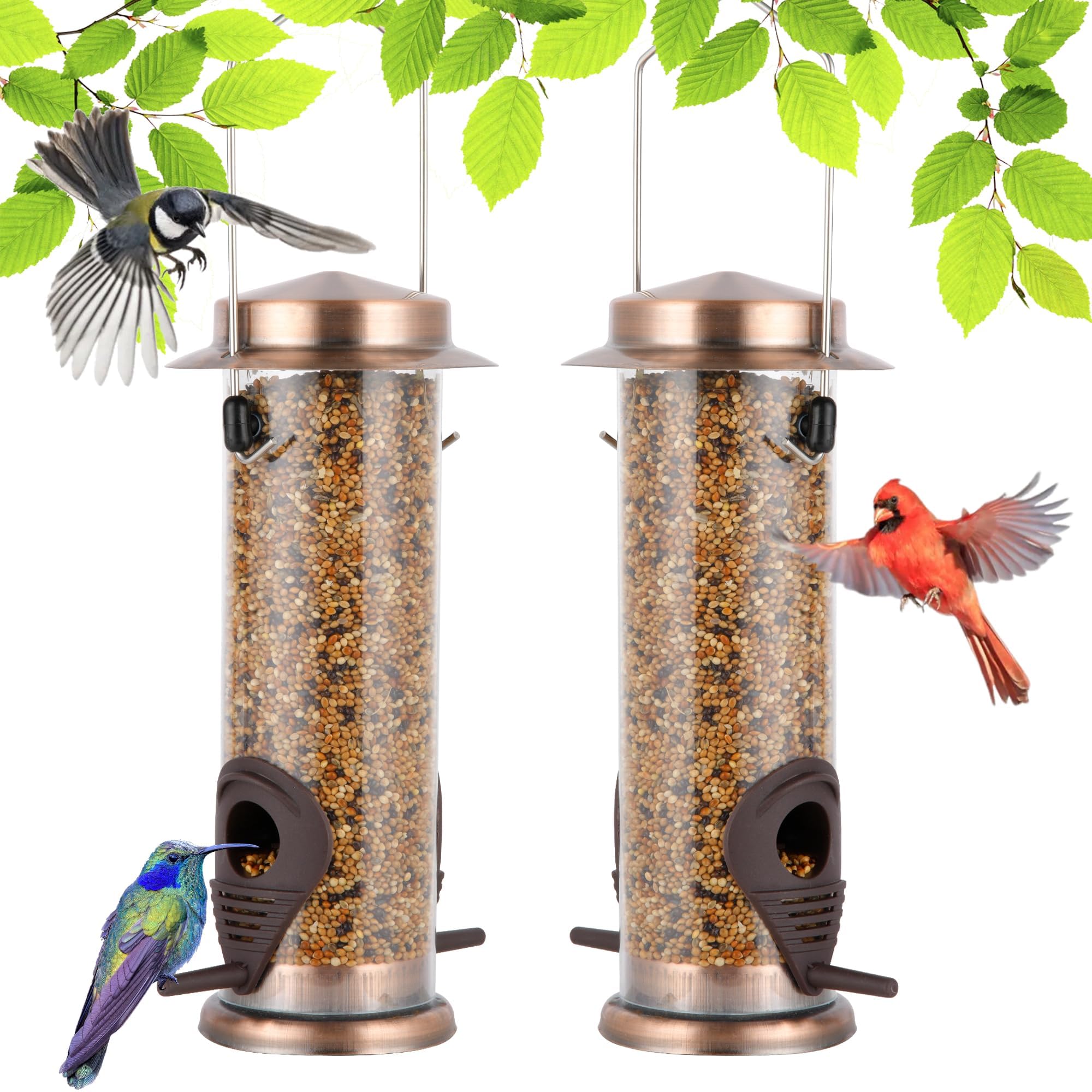Hanging Bird Feeders Bird Seed Feeder Metal Wild Bird Feeding for Garden 2 Ports Heavy Duty Bird Feeders Weatherproof 2 Packs-Copper