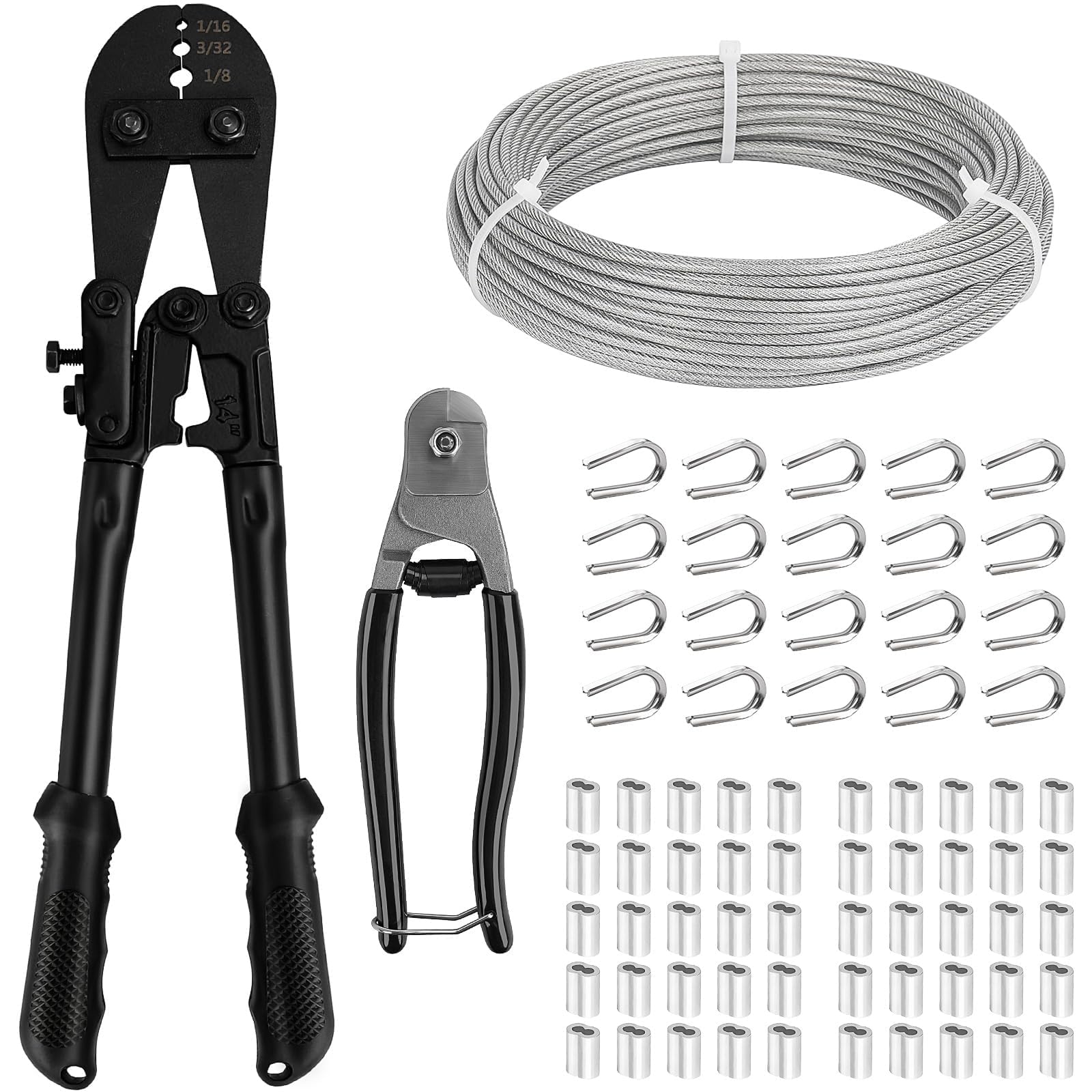 TooTaci 3mm Wire Crimping Tool Kit, 30M Vinyl Coated Steel Cable with Wire Cutter, Metal Wire for Plant Trellis, Clothes Line, String Lights Hanging, Curtain