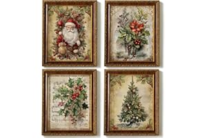 JXREQ Vintage Christmas Bathroom Wall Decor Prints,Retro Christmas Wall Art Decorations for Home Kitchen Bedroom Bathroom Living Room Office,Santa Claus Xmas Tree Decor Prints Set of 4,8x10 Unframed
