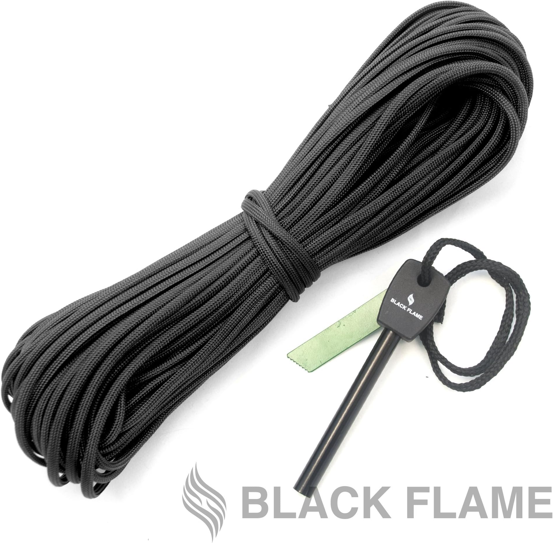Black Flame Survival Paracord with Integrated Fishing LIne - 100ft Long 550 Rated with Interior 10lb Mono Filament Strand - Includes Bonus Firestarter Made in US