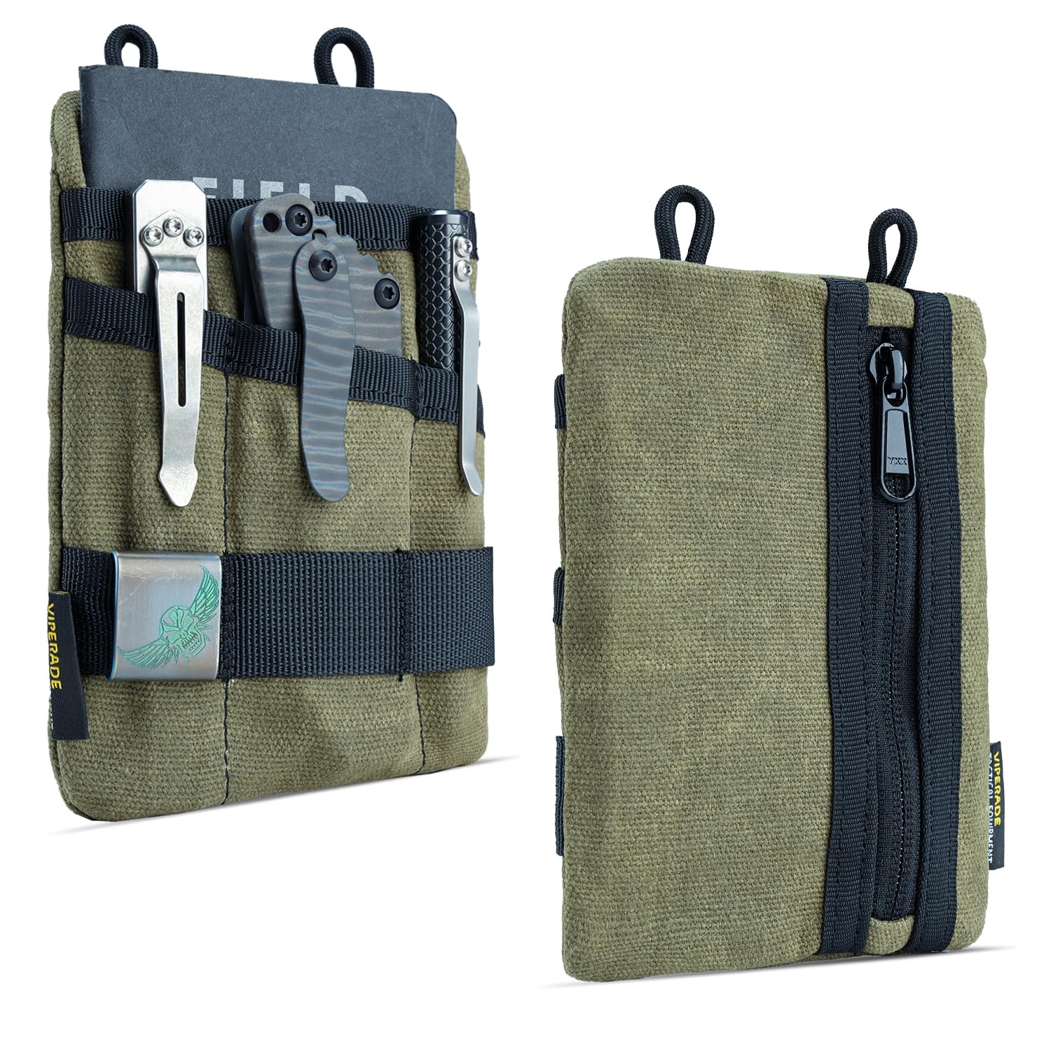 VIPERADE VE1-OW Small EDC Pocket Pouch,Waxed Canvas EDC Tool Organiser Pouch with 5 Pockets,Small Multitool Organiser for Flashlight Multitools Pen Notebook -Green
