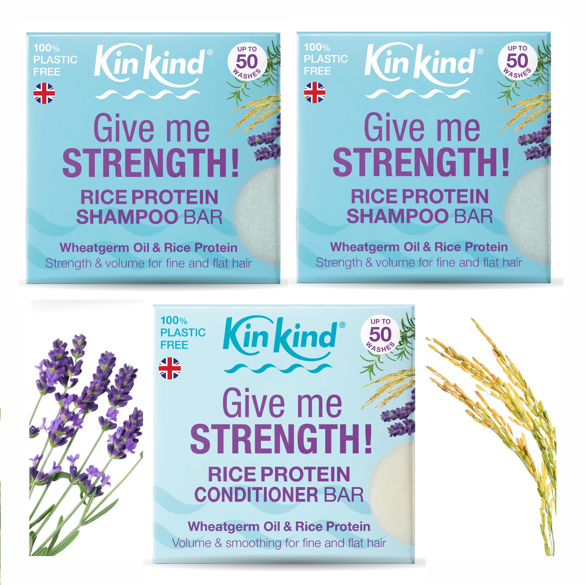 KinKind Rice Water Shampoo Bars x2 & Rice Water Conditioner Bar x1 - Give Me STRENGTH! | Volume for Fine, Flat & Thinning Hair | Natural Travel Shampoo Bar, Solid Bars for Hair UK