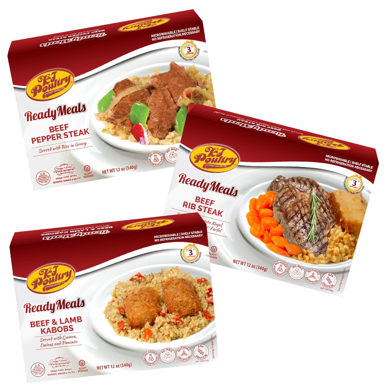 Kosher Mre Meat Meals Ready to Eat, Variety of Beef & Lamb Kabob, Beef Rib Steak, Beef Pepper Steak (3 Pack Bundle) - Prepared Entree Fully Cooked, Shelf Stable Microwave Dinner