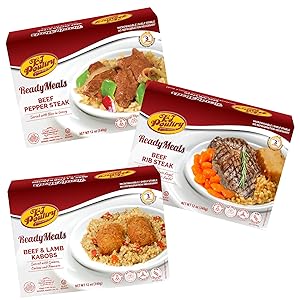 Kosher Mre Meat Meals Ready to Eat, Variety of Beef & Lamb Kabob, Beef Rib Steak, Beef Pepper Steak (3 Pack Bundle) - Prepared Entree Fully Cooked, Shelf Stable Microwave Dinner