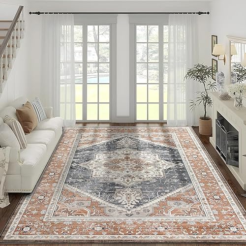 Taleta EMILY Washable Rugs for Living Room Large Orange Vintage Boho Area Rug for Bedroom Non Slip Soft Short Pile Traditonal Floor Carpet for Kitchen Dining Room (Orange, 120 x 170 cm)