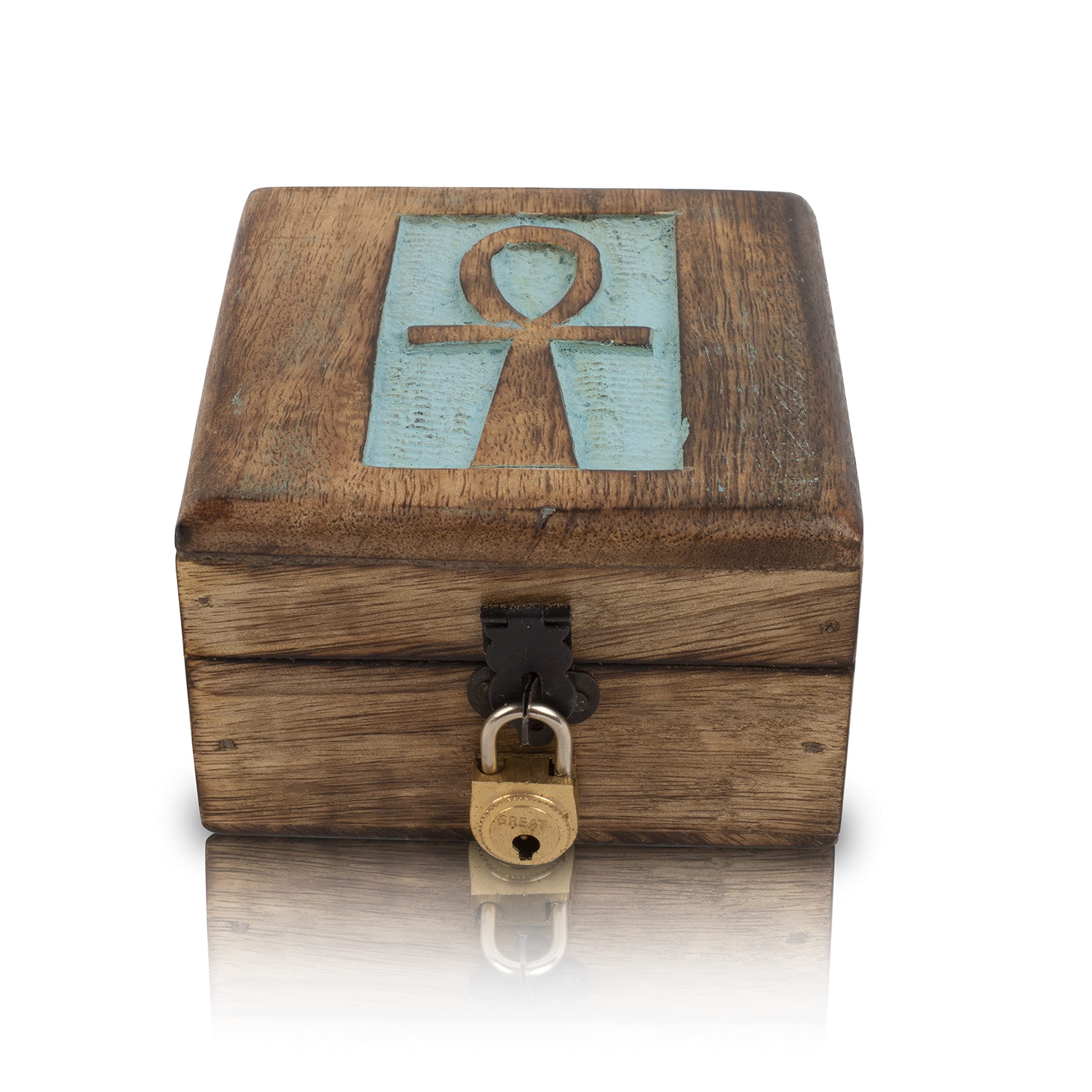 Great Birthday Gift Handmade Decorative Wooden Keepsake Jewellery Box With Ankh Carving Jewellery Organizer Treasure Chest Trinket Holder Watch Storage Lock Box 10 x 10 cms Gifts (Blue)