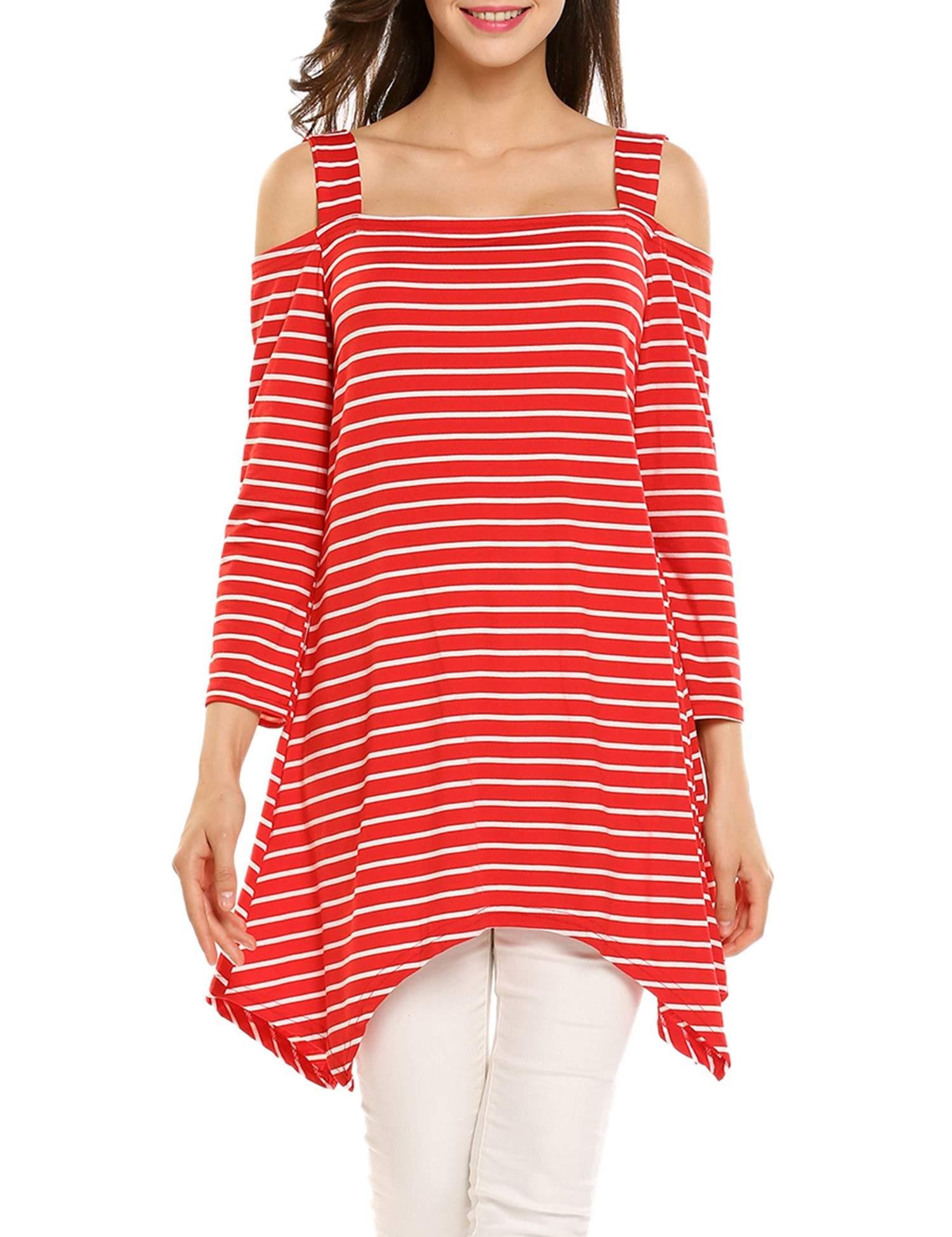 Women Off the Shoulder Swing Tunic Striped Loose Fit A line T-Shirt Dress Red/M