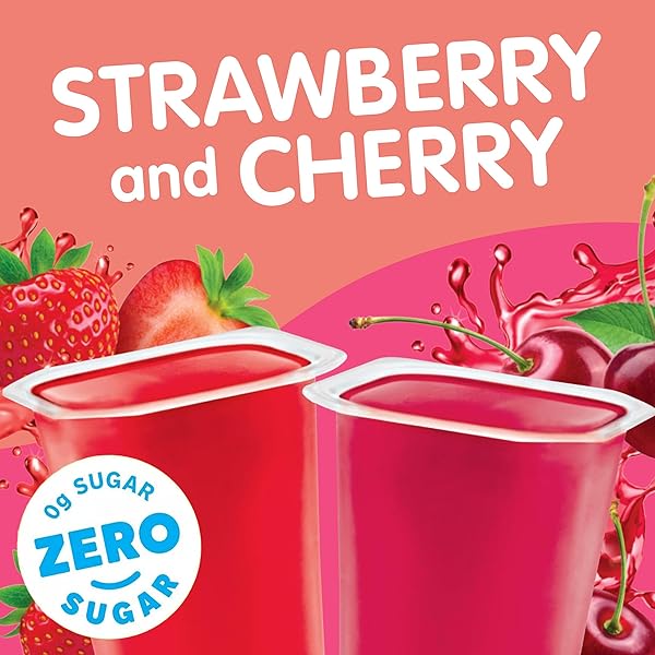 SNACK PACK ZERO SUGAR STRAWBERRY AND CHERRY FLAVORED LOW CALORIE JUICY GELS CUPS, 3.25 OZ., 12-COUNT FAMILY PACK