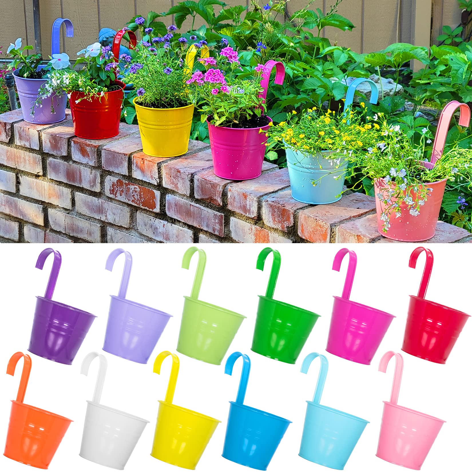 13cm Hanging Flower Plant Pots Vase Bucket Set of 12, Large Metal Garden Hanging Planter with Drainage Hole and Detachable Hook for Balcony Railing Fence Home Decor