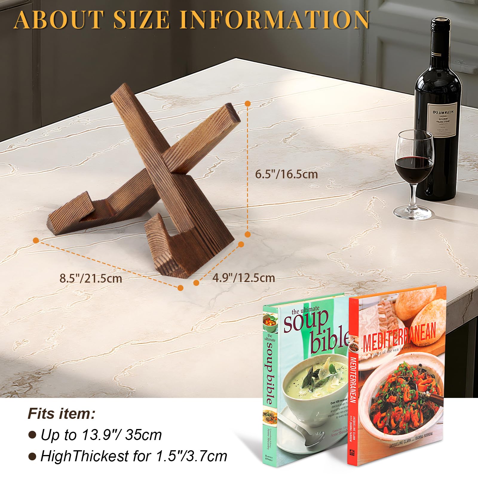 PUERSI Cookbook Stand for Kitchen, Recipe Book Holder for Kitchen Counter, Wooden Cookbook Holder, Rustic Cook Book Holder Stand - Rustic Brown