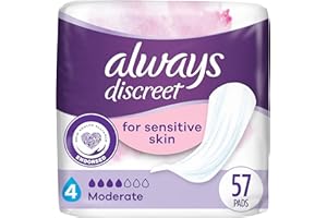 Always Discreet Incontinence Pads for Women with Bladder Leaks, Sensitive Skin Pads Moderate Absorbency, Regular Length, 57 Count