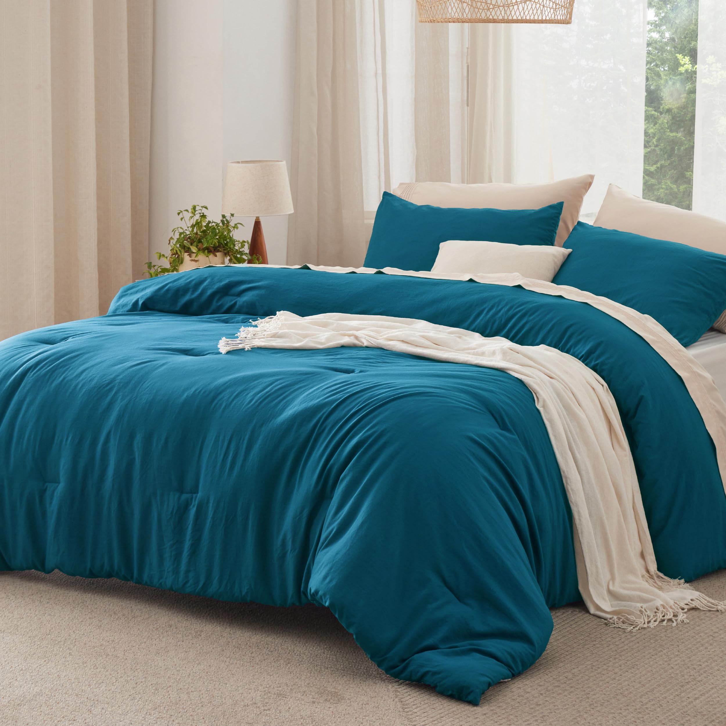 Photo 1 of Bedsure King Size Comforter Set, Teal Soft Prewashed Bedding for All Seasons, 3 Pieces GentleSoft™ Warm Down Alternative Bed Set, 1 Lightweight Comforter (104"x90") and 2 Pillowcases (20"x36")