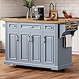 Amposei 54.9" Drop Leaf Kitchen Island With Power Outlet - Rolling Cart With Barn Doors, Drawers, Spice Rack (Black)