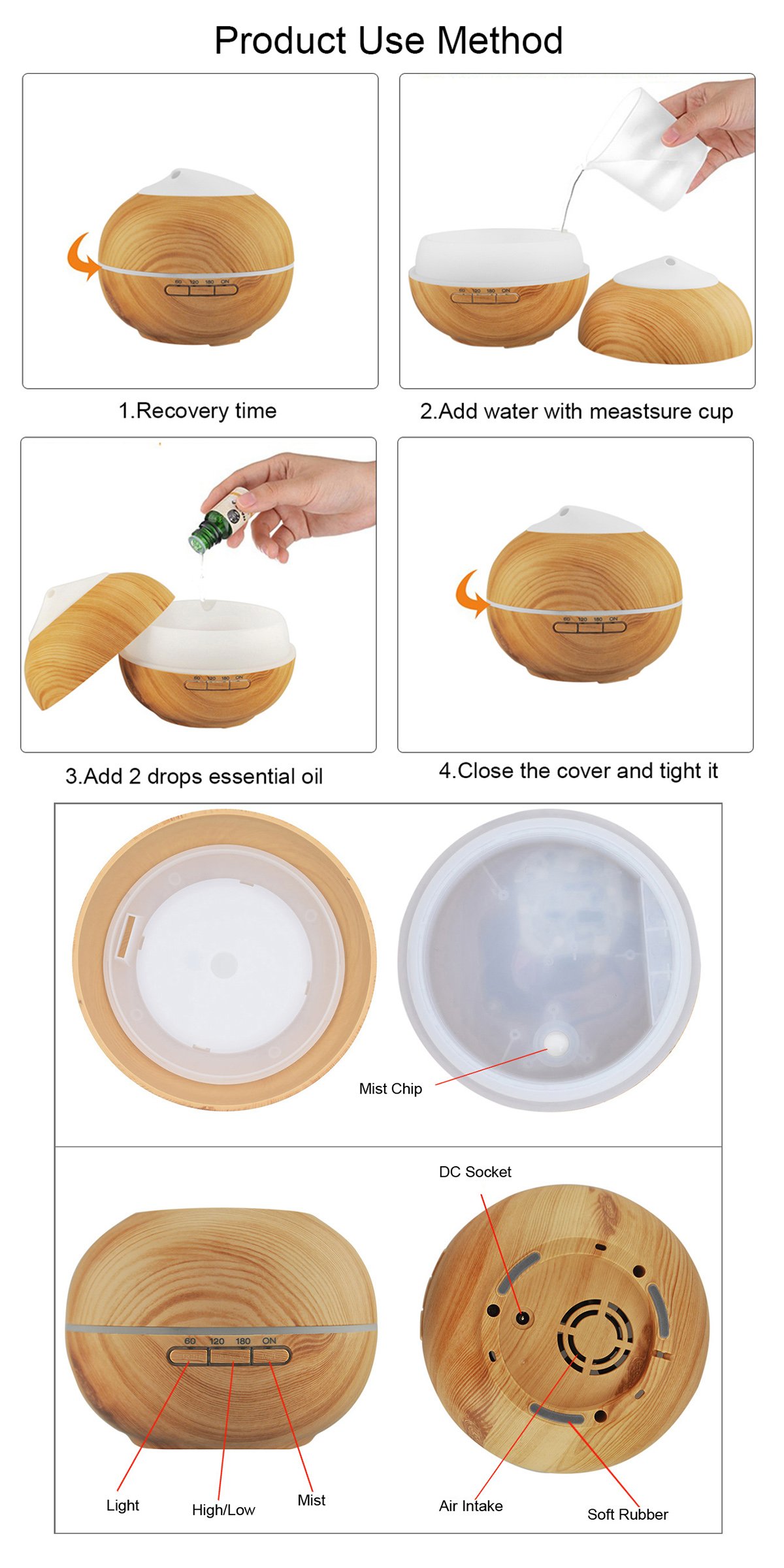 Aroma Diffuser, 200ml Holzmaserung Luftbefeuchter mit Farbenwechselnde Elektrisch Duftlampe 7 Farben für Yoga Salon Spa Wohn Schlaf Bade oder Kinderzimmer Hotel