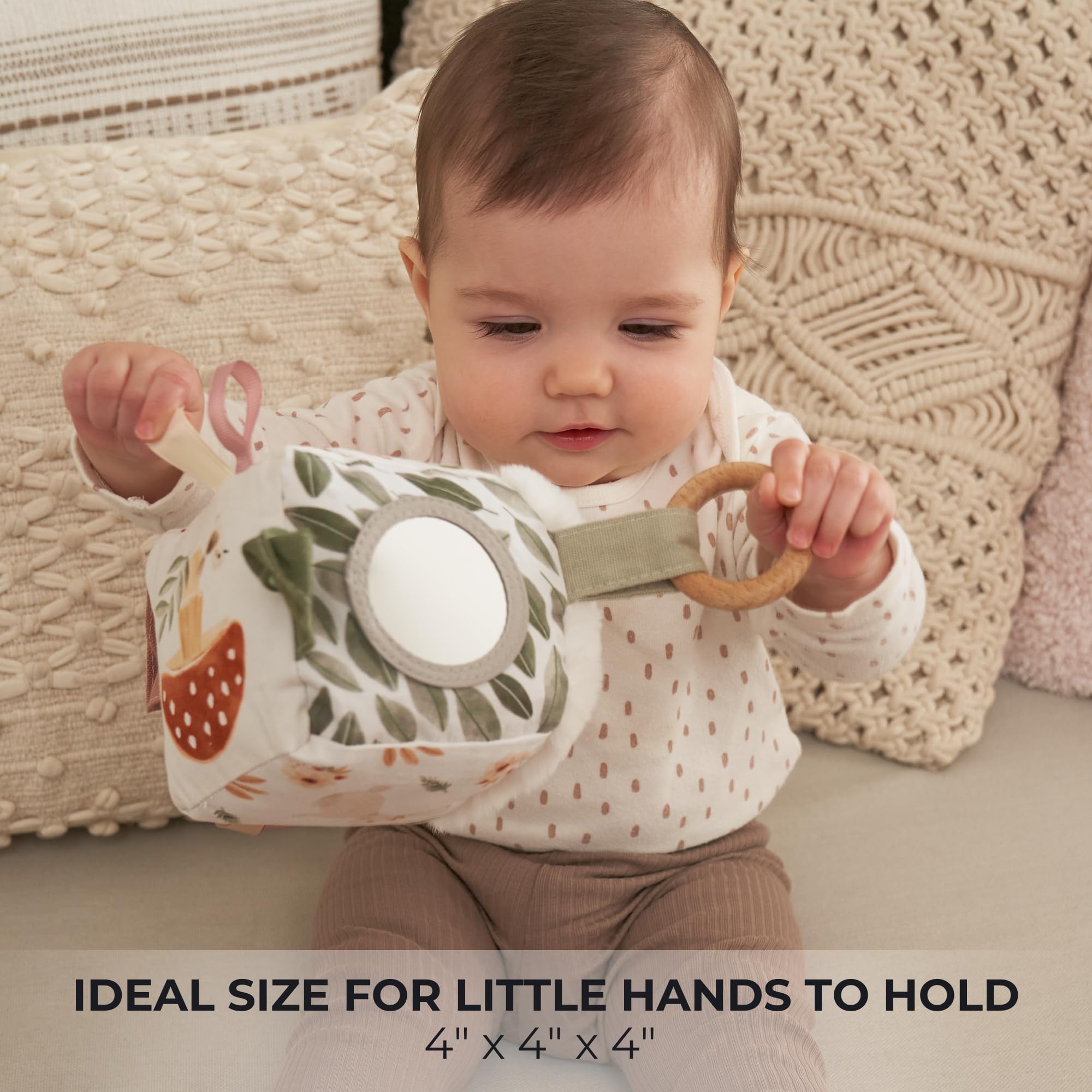 ZICOTO Soft Toy Block with Wooden Ring for Babies 0-3 and 0-6 Months - The Perfect High Contrast Activity Cube & Teething Toy with Tummy Time Mirror for Newborns - A Fun Sensory & Development Gift