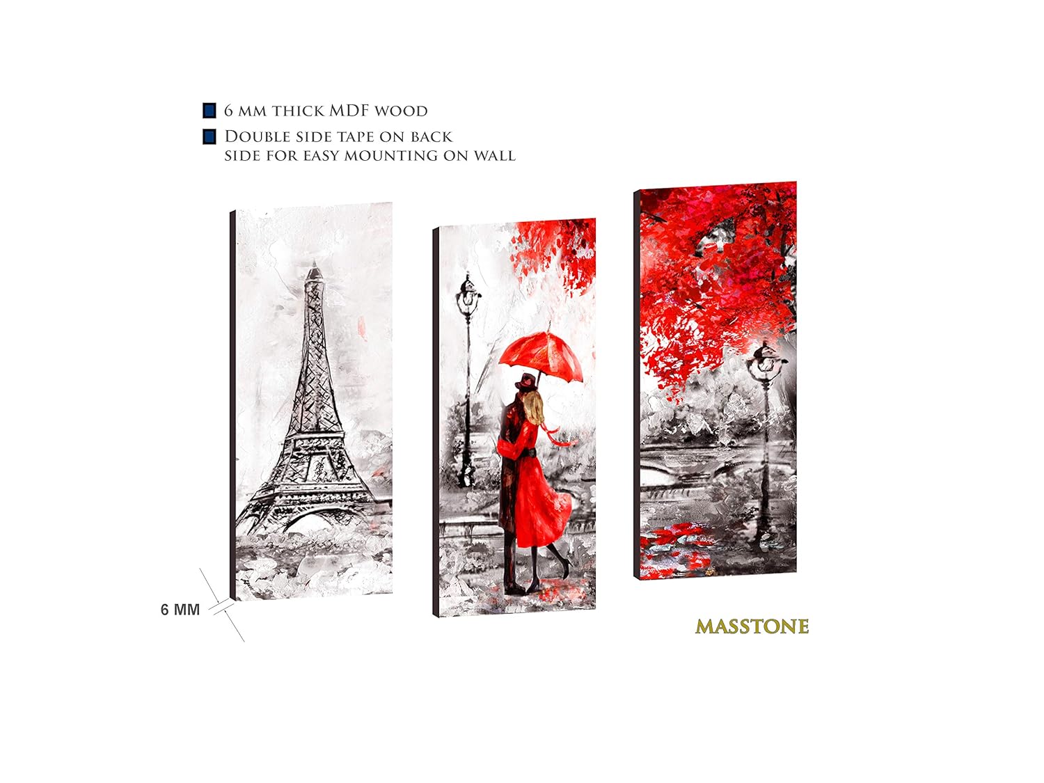 Masstone Romantic Couple Paris 3 Piece Mdf 6 Mm Painting 15x18