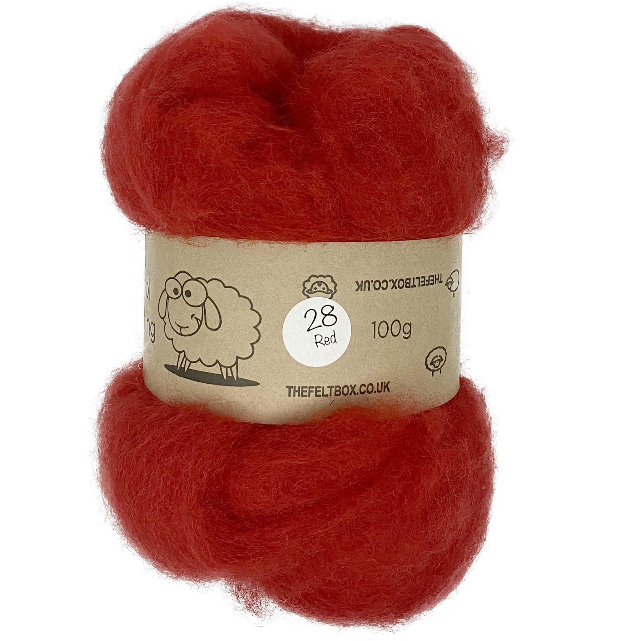 The Felt Box Needle Felting Wool – 100g Red (#28) – Carded Batting for Core or Finish – Short Coarse Fibres for Felting Mushrooms, Holiday Crafts, Hearts & Sculptures