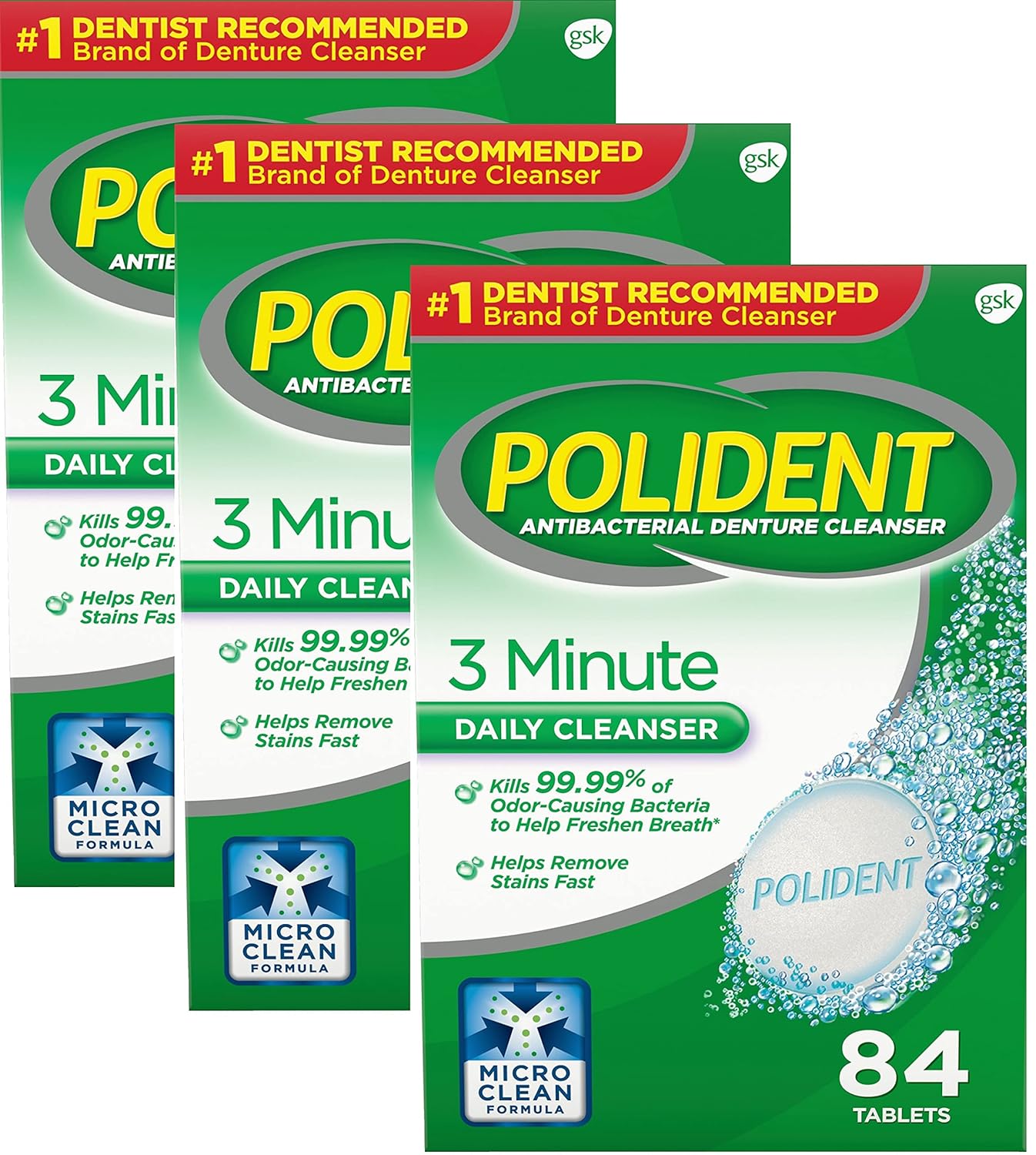 Polident 3 Minute Triple Mint Antibacterial Denture Cleanser Effervescent Tablets, 84 count, Pack of 3 : Denture Baths : Beauty
