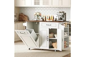 RALGEND Kitchen Island with Power Outlet & Drop Leaf, Mobile Rolling Cart with Trash Can Storage, 3-Tier Spice Rack,Island Table for Kitchen, Dining Room, White and Walnut