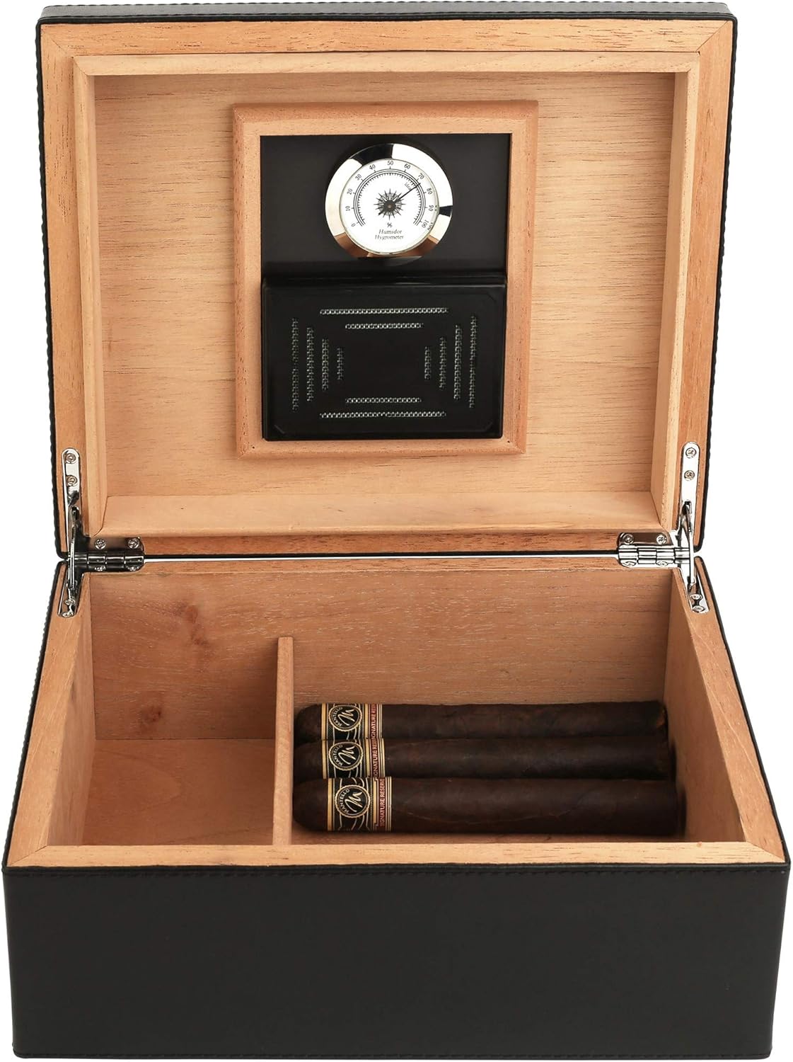 Mantello Black Leather Cigar Humidor Humidifier Box with