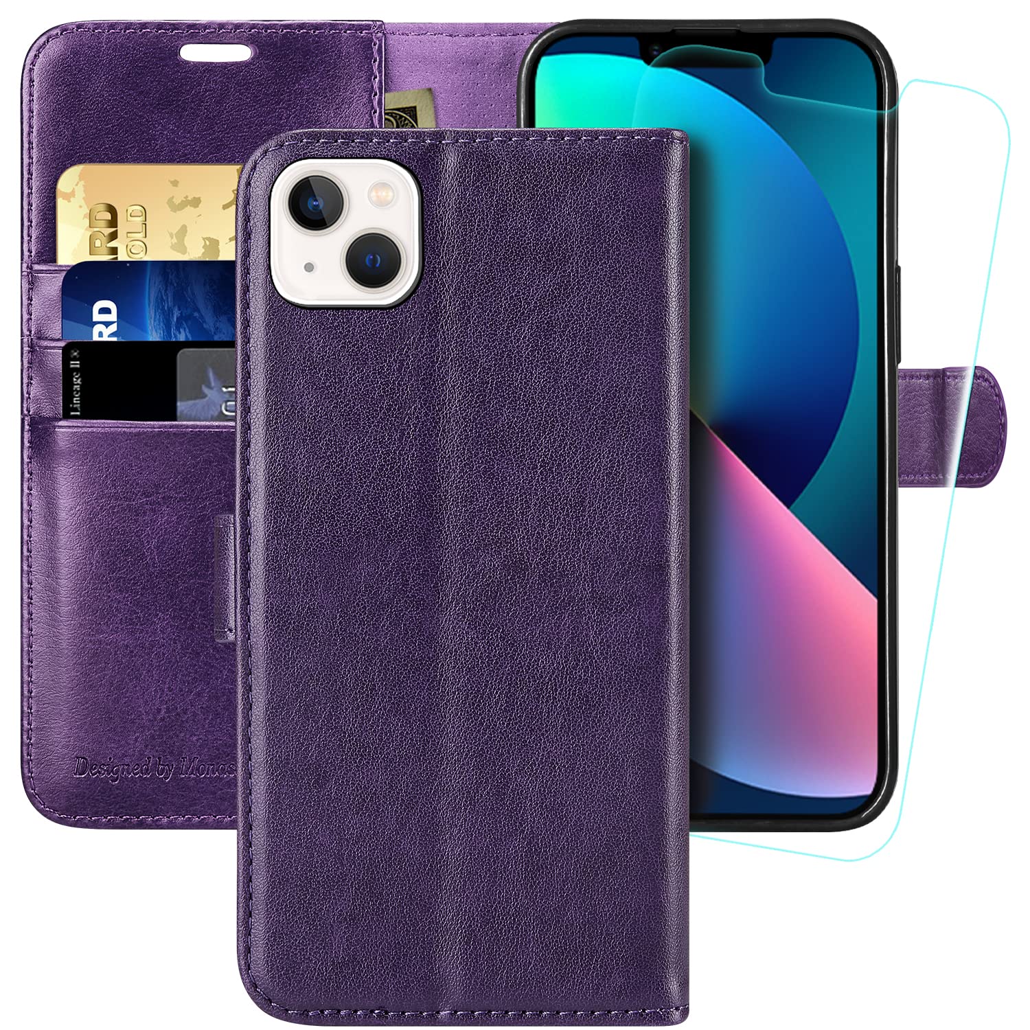 MONASAY Wallet Case for iPhone 13 Mini 5G,5.4-inch[Glass Screen Protector Included] [RFID Blocking] Flip Folio Leather Cell Phone Cover with Credit Card Holder,Purple