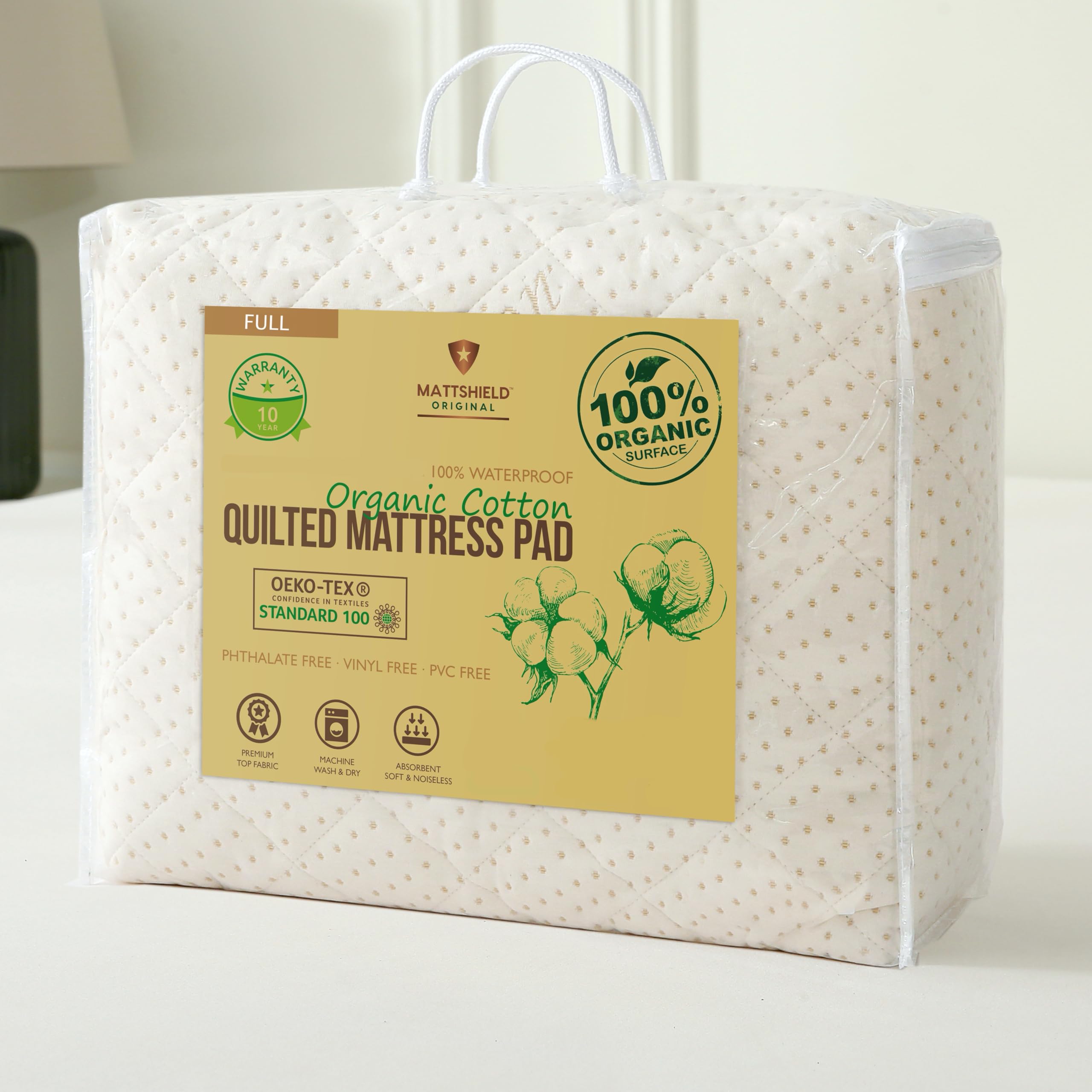 Luxury Quilted Organic Cotton Mattress Protector Full Size - 380 GSM Waterproof & Breathable Pad - Deep Pocket Fitted Cover - Soft & Silent Protection (Cotton Filling)