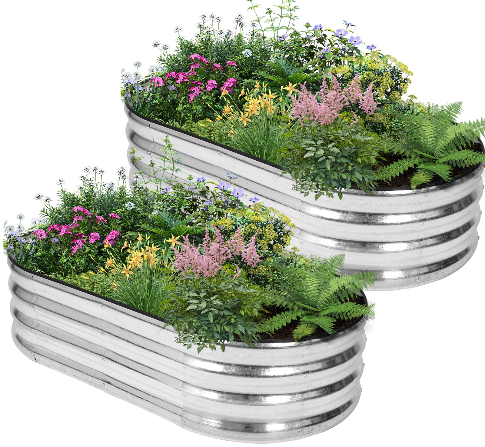 Photo 1 of BIRDSINYARD Galvanized Raised Garden Bed - 4×2×1ft (2 Packs) Planter Raised Beds for Gardening | Oval Metal Garden Planter Box with Safety Edging and Gloves for Vegetables Fruits and Flower - Silver
