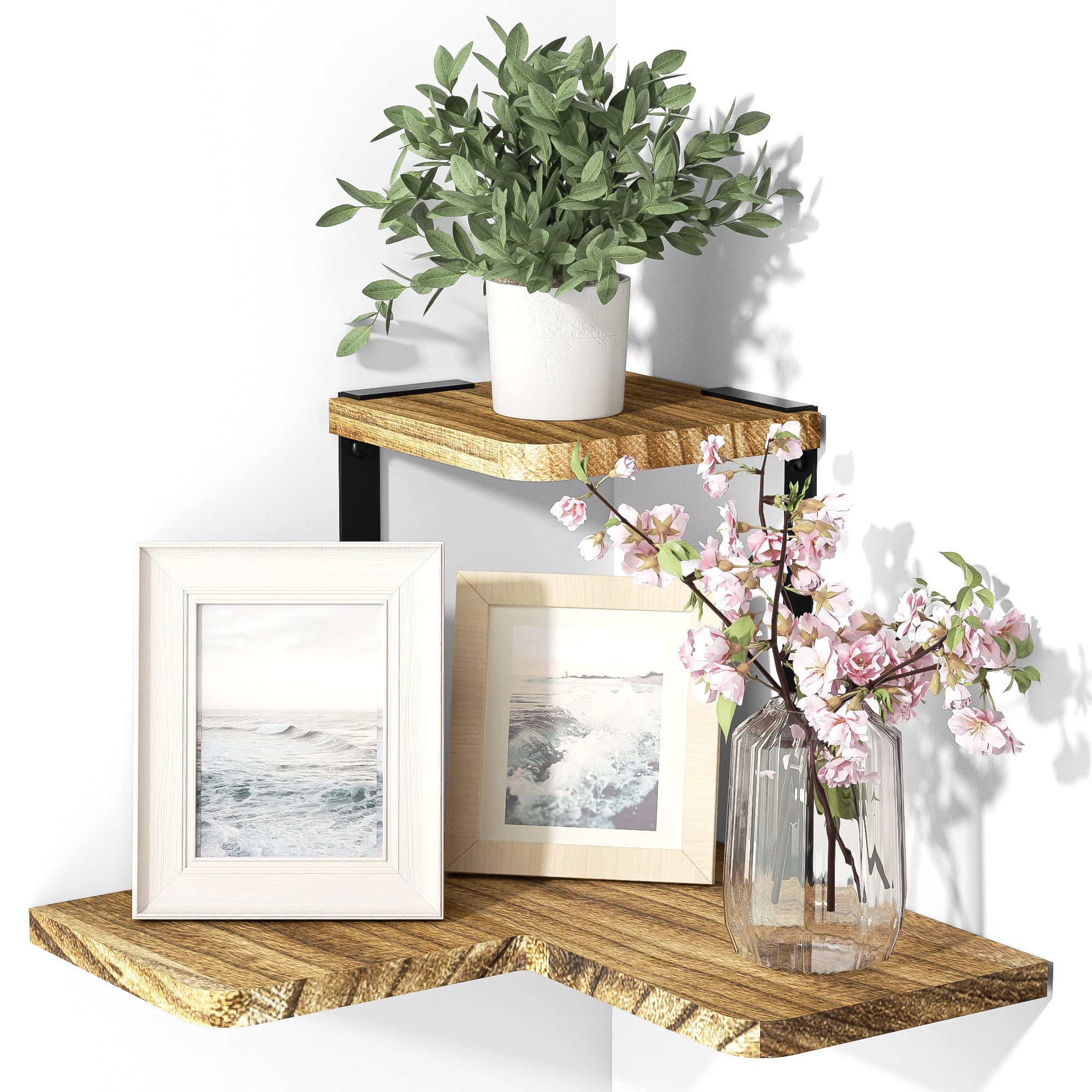 SRIWATANA Corner Shelves, 2 Tier Floating Shelves Wall Mounted, Rustic Wood Wall Shelves for Bedroom, Living Room, Bathroom, Kitchen, Office and more