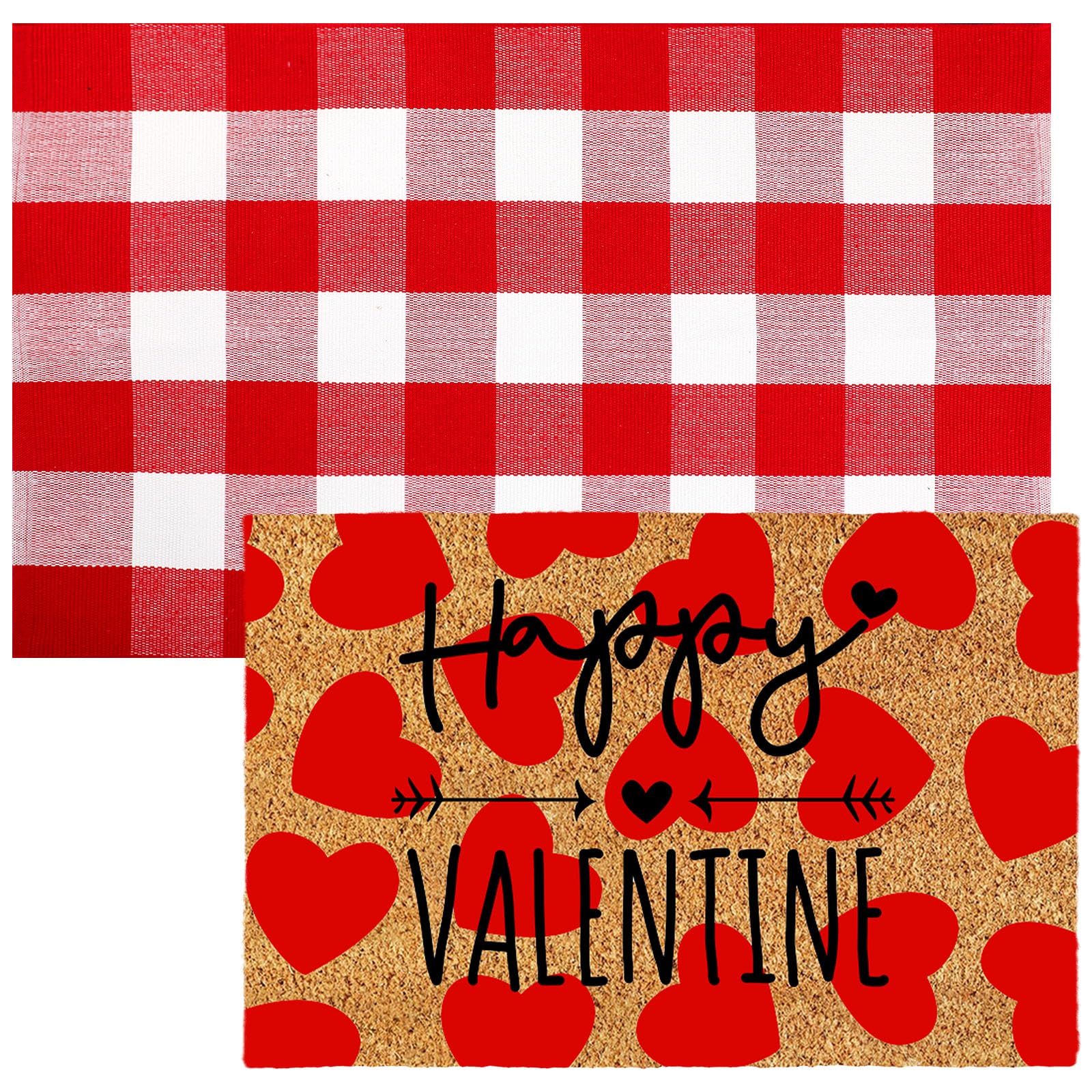 Photo 1 of **PARTIAL SET----Missing checkered red rug**Moucuny 2 Pcs Valentine's Day Coir Welcome Doormat Valentine's Day Rug Outdoor Layered Buffalo Plaid Red and White Mat Red Heart Mat for Front Porch Outdoor Entryway