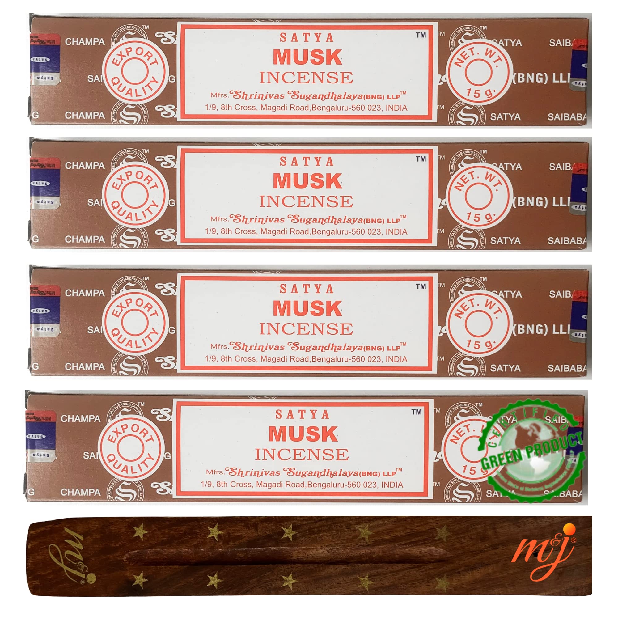 Original Satya Nag Champa Musk Incense Sticks | with M&J incense sticks holder | x4 pack | for Aromatherapy, Spa, Yoga, Weddings, Meditation, Healing, Positivity and Relaxation — image 1