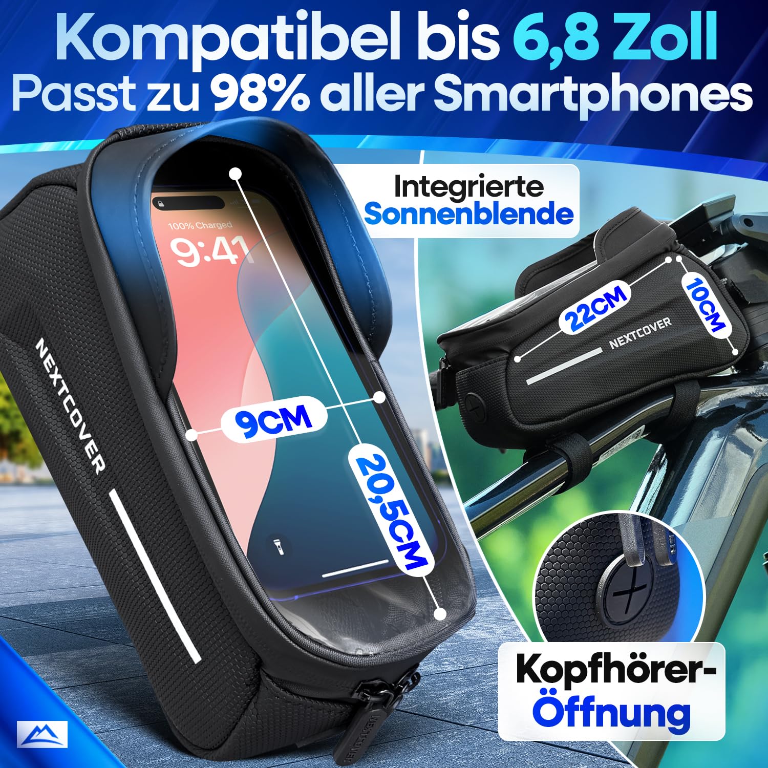 Nextcover® Rahmentasche Fahrrad mit Handytasche I Fahrrad Rahmentasche mit Touchscreen I Fahrradtasche Rahmen Wasserdicht, Oberrohrtasche Bikepacking - Ideal für E-Bike, MTB, Gravelbike, Rennrad 4